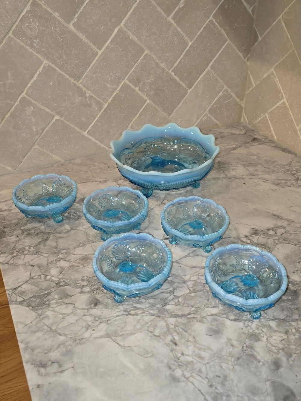 Antique Blue Opalescent Model Flint Glass Co Wreath & Shell 6 Berry Bowls EAPG